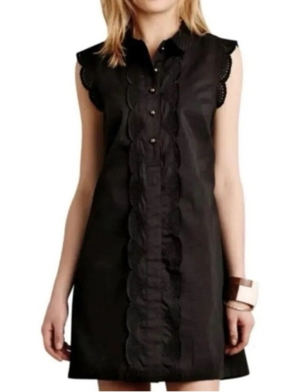 Anthropologie dear creatures Black Sleeveless Scallop-Trim Shift Dress - Women's